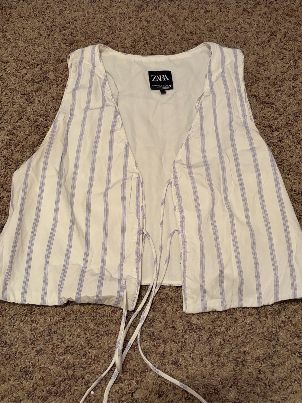 Zara White Crop Top with Light Purple Stripes and Front Ties